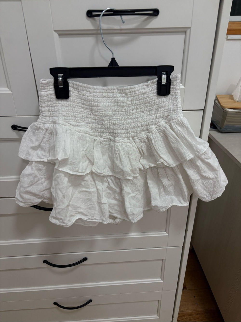 Smocked White Ruffled Mini Skirt - Women's Tiered Summer Skirt